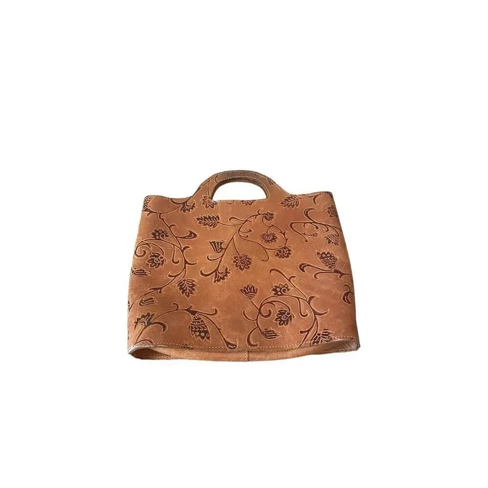 Elegant Brown Leather Floral Pattern Cut-Out Handle Handbag
